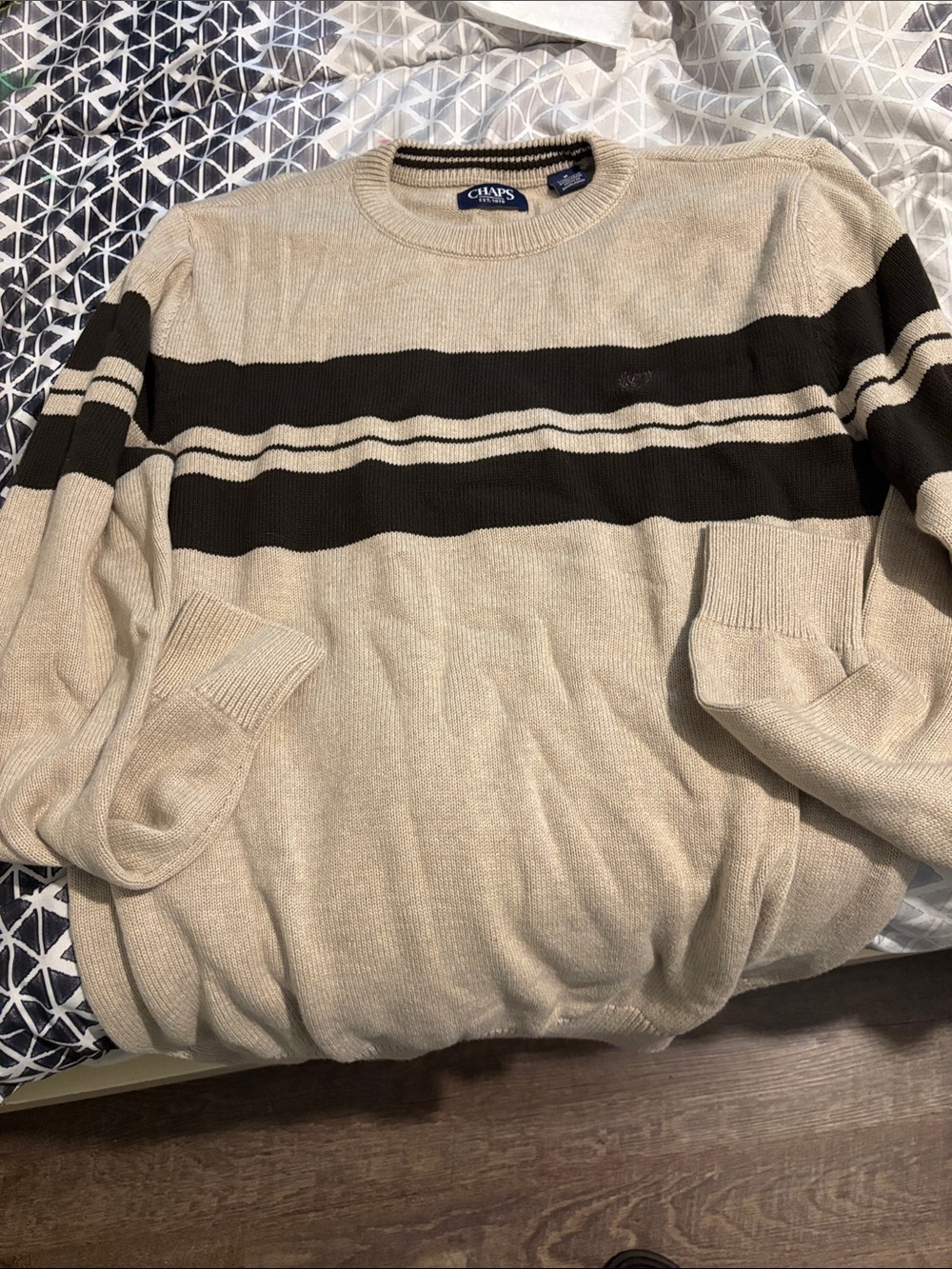 Chaps Beige Crewneck Sweater with Dark Brown Stripes